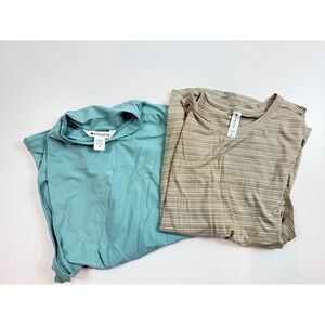 Athleta Women's M Teal Crew Neck Sleeveless Top & Tan Stripe V-Neck Tank Top